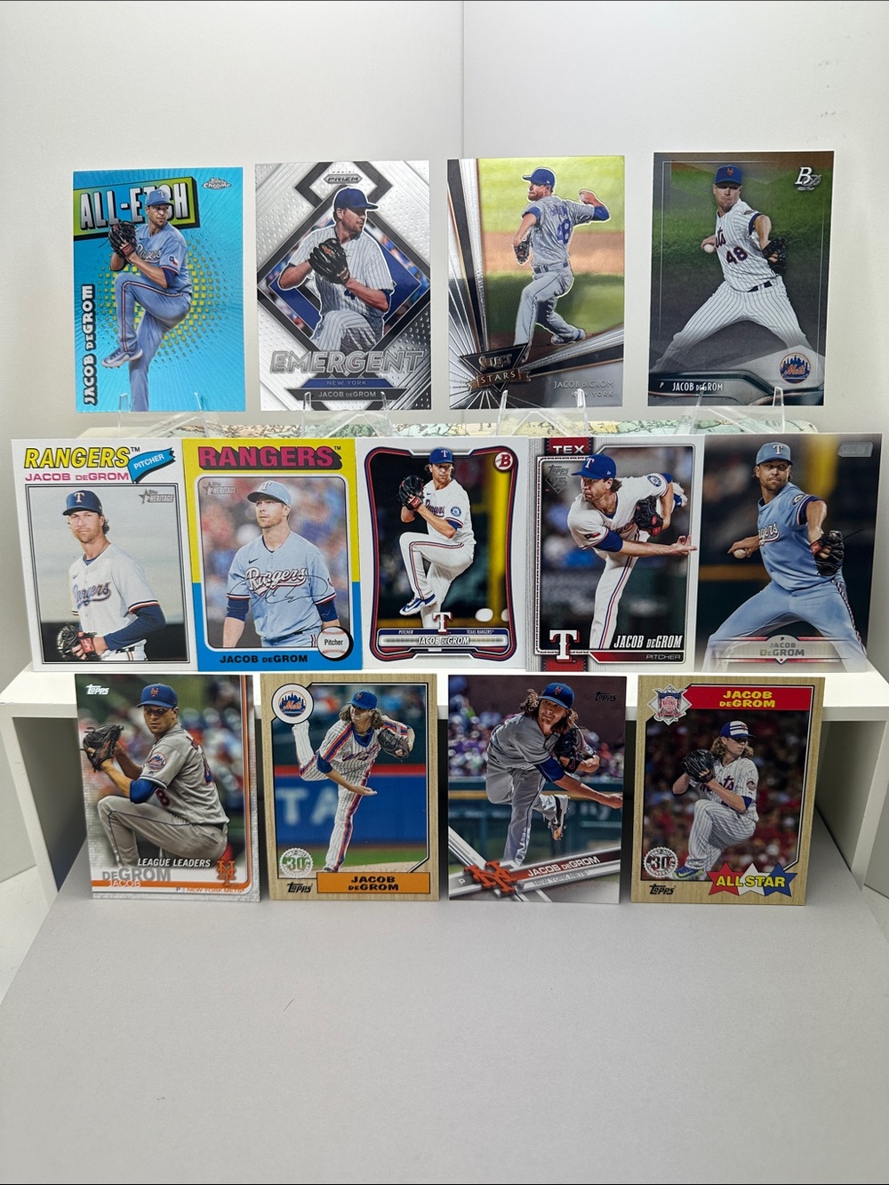 Jacob DeGrom lot of 13 (Mets, Rangers) w/ new 26’ Topps, Bowman & Heritage cards